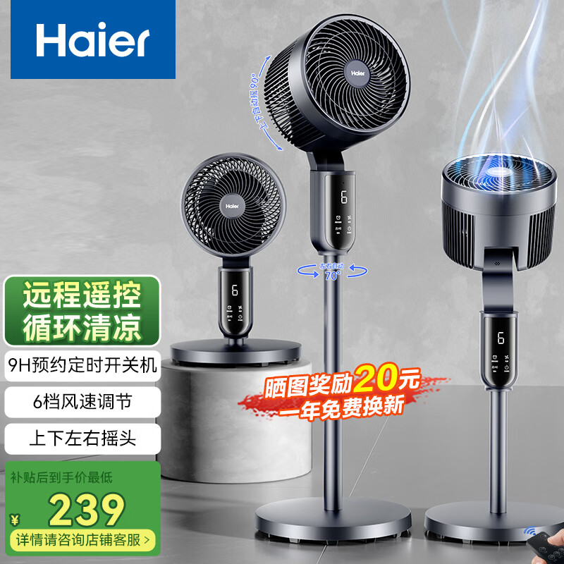 海尔（Haier）空气循环扇电风扇家用落地扇台地两用语音风扇安静轻音卧室电扇节能小风扇低噪循环轻羽扇 【全自动摇头】遥控