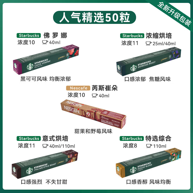 星巴克（Starbucks）星巴克胶囊咖啡Nespresso美式意式50粒雀巢咖啡进口浓缩咖啡胶囊 人气精选50粒