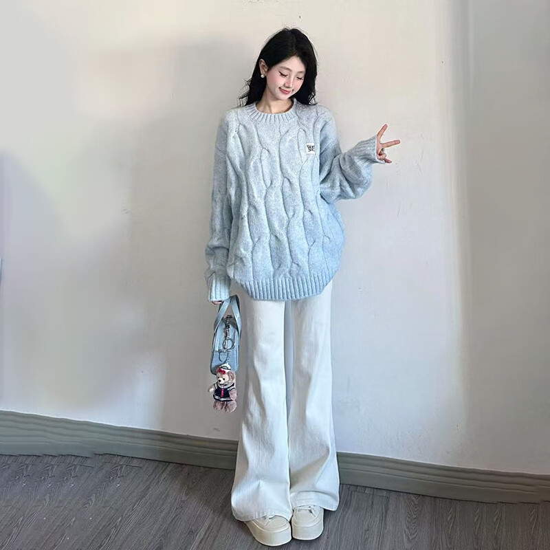 浪莎毛衣女秋冬2025年新款软糯针织衫慵懒风宽松套头休闲外穿圆领上衣 天蓝色 【软糯亲肤暖暖面料】 均码