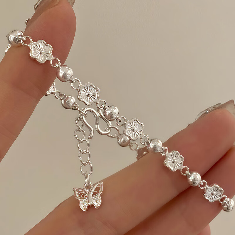 老银匠s999纯银花朵桃花蝴蝶手链轻奢小众精致温柔高颜值学生党银饰 s999足银 桃语心链