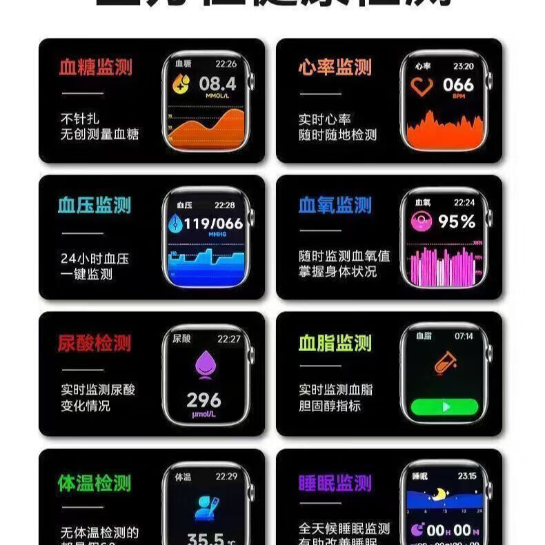 华为手机适用2026新款血糖监测蓝牙手表测血压血脂血氧心率一体机移动电源 黑10代Watch全方面检测