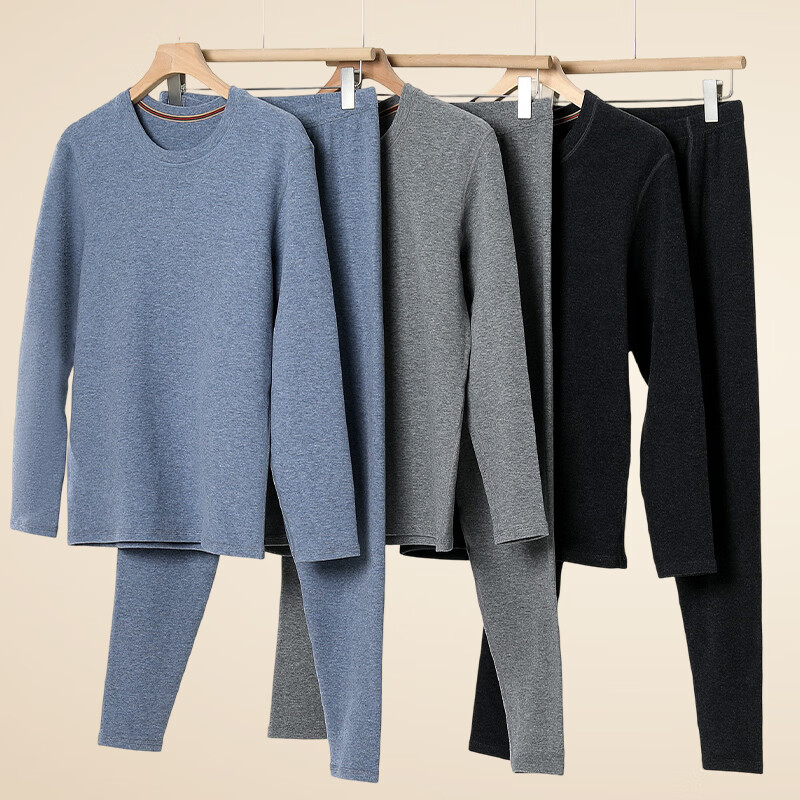 鸭鸭保暖内衣男士抗寒保暖秋冬季休闲圆领秋衣秋裤保暖套装 浅灰 2XL