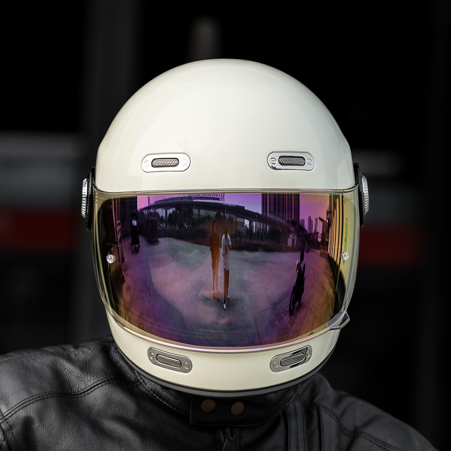 ILM摩托车头盔复古全盔超宽视野轻量化巡航机车头盔电动车 米白 XL