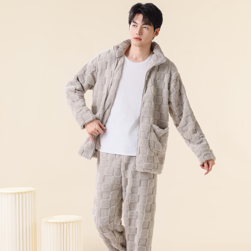 雪中飞睡衣冬季男2025年新款拉链加绒加厚珊瑚绒可外穿大码家居服套装 NSCJF-淡灰方格拉链 XL 【建议130-150斤】