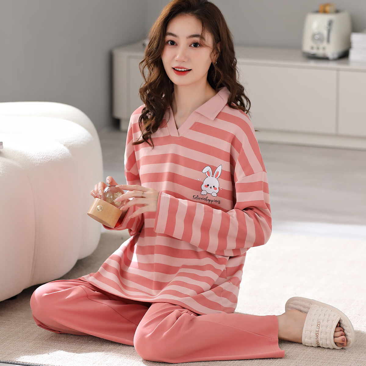 宜而爽女士睡衣女长袖长裤可爱兔子印花少女条纹家居服套装 粉色 L