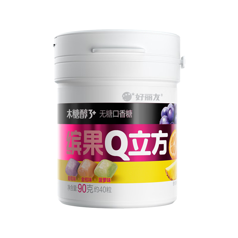 好丽友（ORION）木糖醇3+无糖口香糖清新口气方便携带 缤果Q立方多口味大罐随身装 【葡萄+金桔+菠萝】90g*1瓶