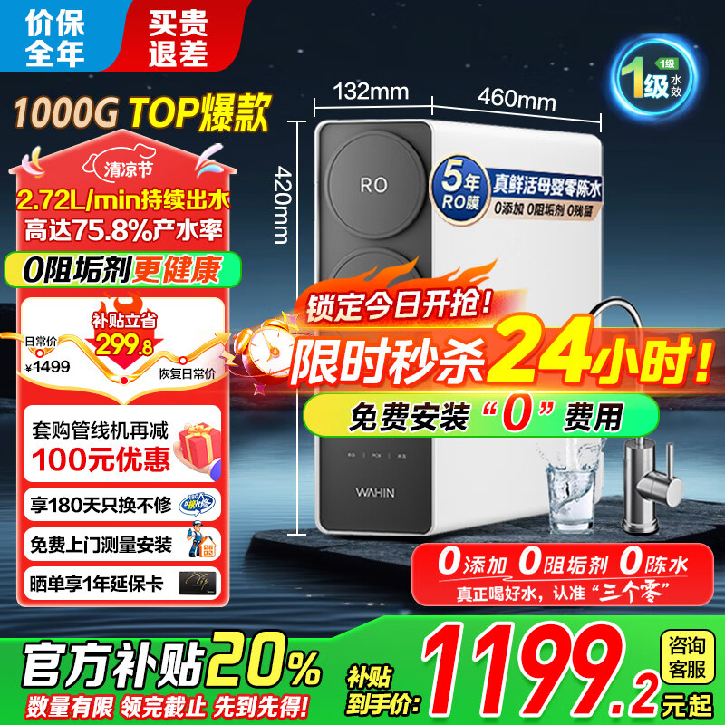 ���ģ�Midea����ƷWAHIN���辻ˮ���������ʻˮ��ro����͸����ʽֱ�������Ҳ���������0�蹸����1000G��ͨ��