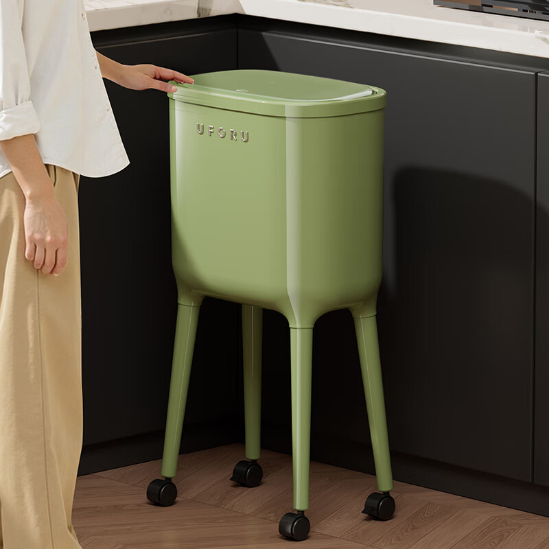 橱明星厨房垃圾桶专用家用2026新款高颜值带盖可移动大容量免弯腰高脚桶 【中古绿】16L旗舰款（带内桶/万向轮可移动）