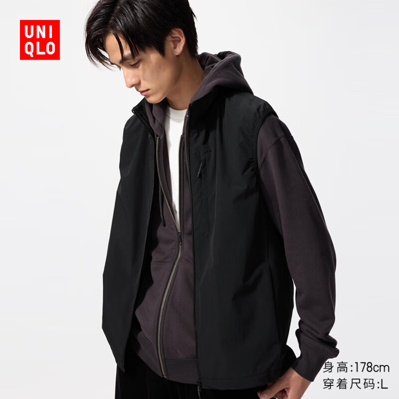 优衣库男装女装防风背心休闲马甲机能外套防泼水户外484335 09 黑色 S /165/84A