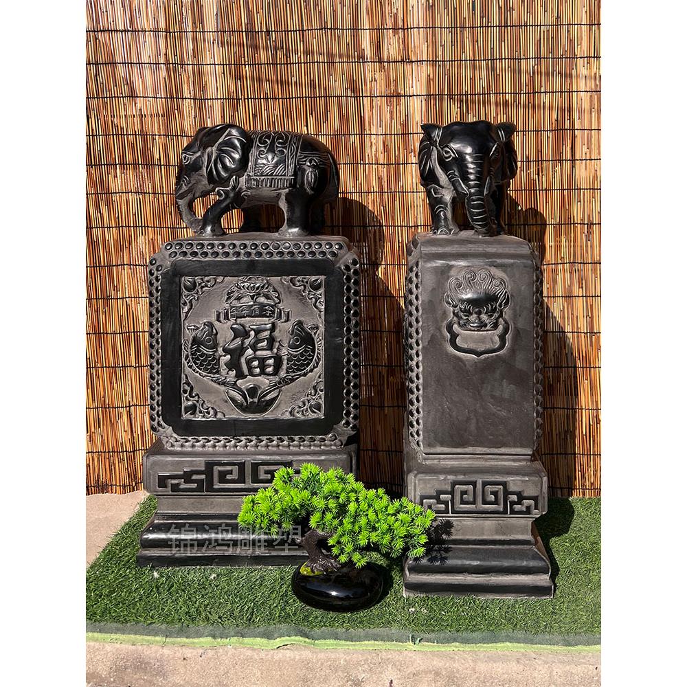 青石门墩方形抱鼓石一对中式庭院门口摆件象石墩园林仿古石雕石鼓 黑