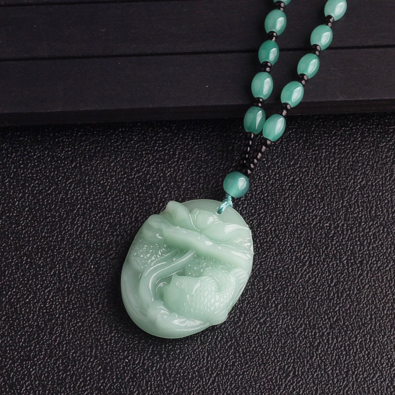 菩萨佛貔貅翡翠男女士长款毛衣项链吊坠情侣项链 荷花鲤鱼-玻璃仿玉石