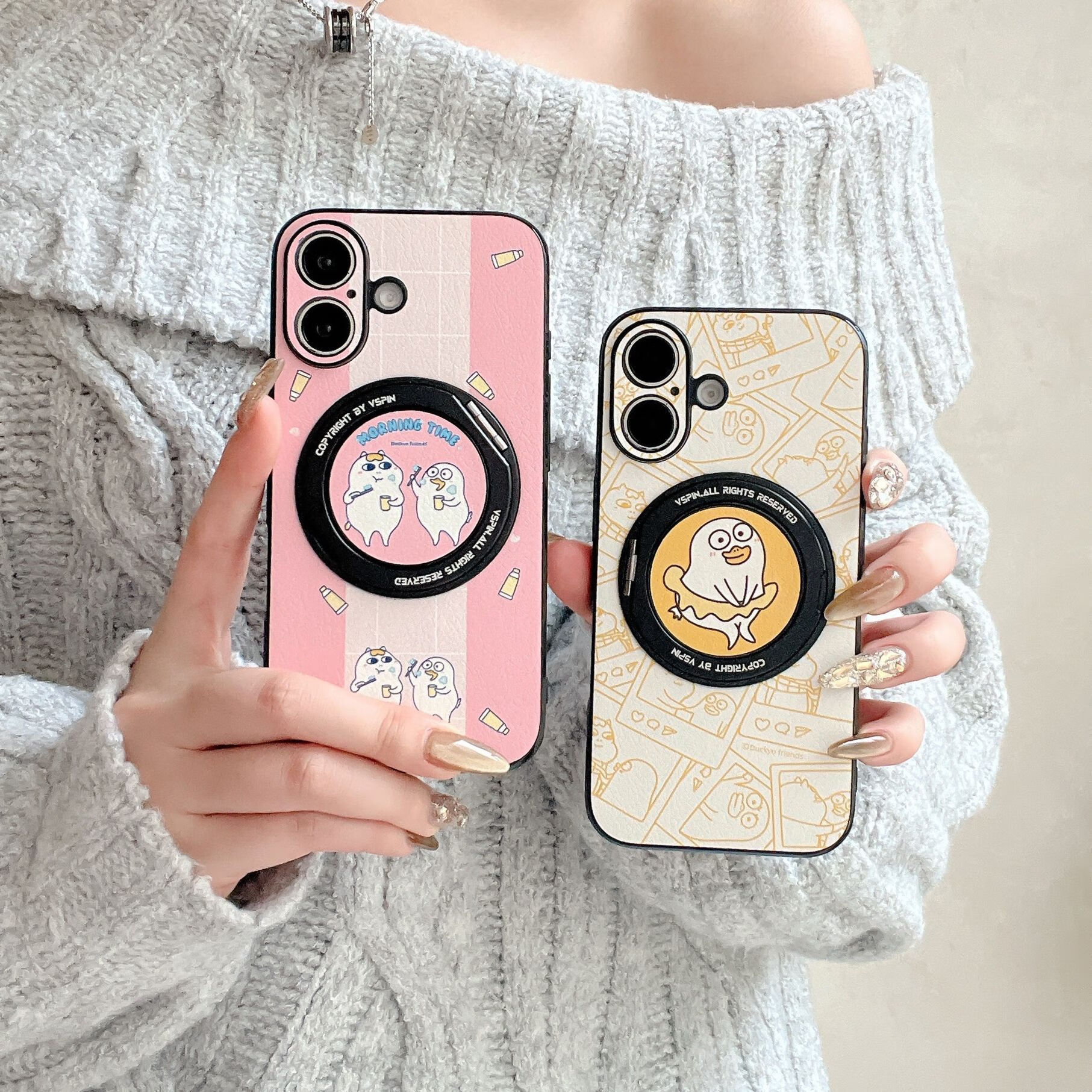 正版授权小刘鸭适用iPhone华为OPPO磁吸旋转支架一体小羊皮手机壳 旋转支架一体壳【刷牙小刘鸭】 oppofindX8pro