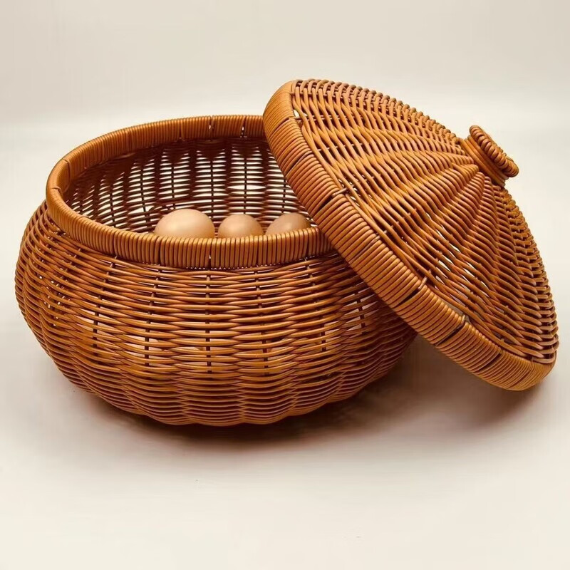 GIOIO新中式手工藤编水果面包零食鸡蛋圆形干果盘家用手工编织篮子 大号无盖【能装五六斤水果】