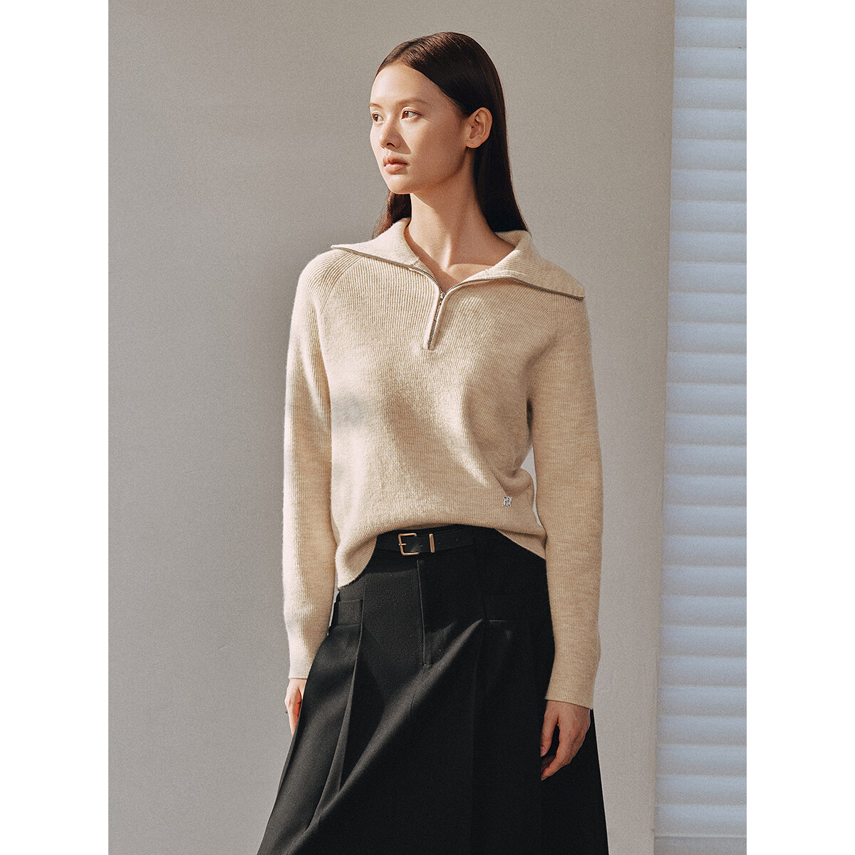 太平鸟秋冬毛针织衫集合链接新款打底无缝套衫女士开衫 米色半门襟翻领线套衫 M