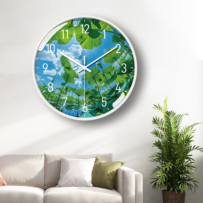 Tazxin植物清新荷花挂钟免打孔静音扫秒客厅卧室大尺寸挂墙石英钟表 桃花 12英寸 30厘米