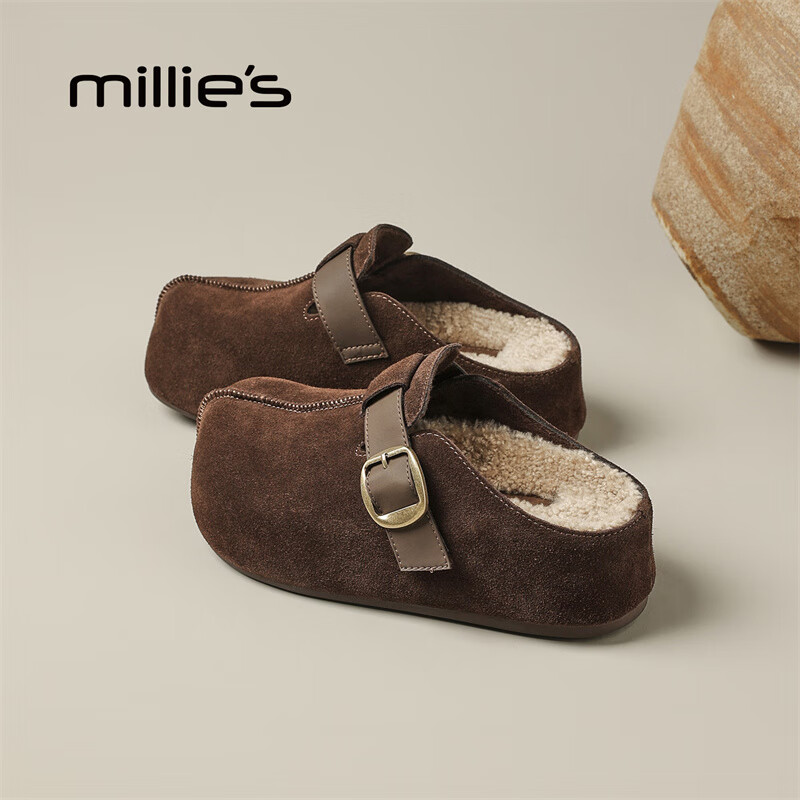妙丽勃肯鞋女厚底复古加绒时尚保暖潮流2025冬季新款包头半拖鞋 咖色 37 (235mm) 标准码