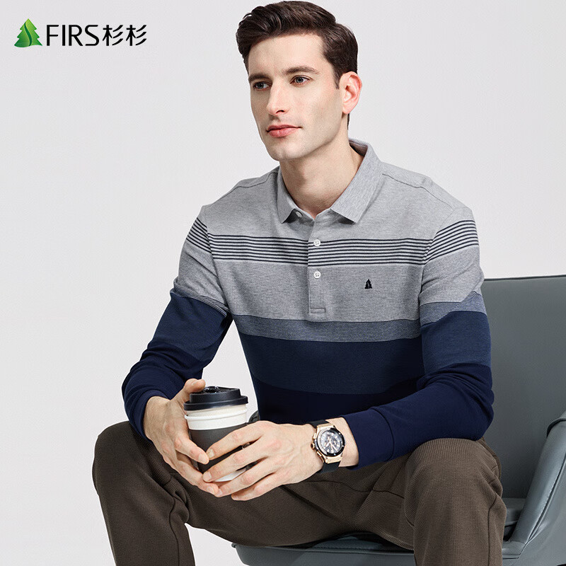杉杉（FIRS）重磅杉杉條紋翻領(lǐng)長(cháng)袖T恤男2025秋季新款撞色商務(wù)POLO衫 建盞藍 S 165_84A_