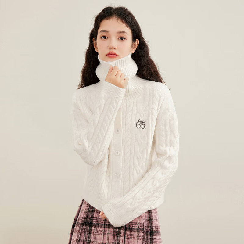 乐町大翻领线开衫立领两穿毛衣宽松外套 香草白（现货） S