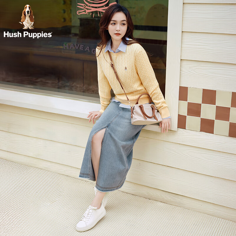 暇步士(Hush Puppies)【何泓姗明星同款】女装2025秋冬新款经典基础软糯含羊绒线衣 嫩鹅黄 S