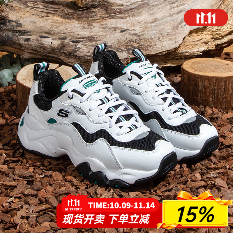 斯凯奇（Skechers）男鞋春夏季2025新款老爹鞋轻便运动鞋厚底增高透气休闲三代熊猫鞋 白色/绿色-WGRN 39.