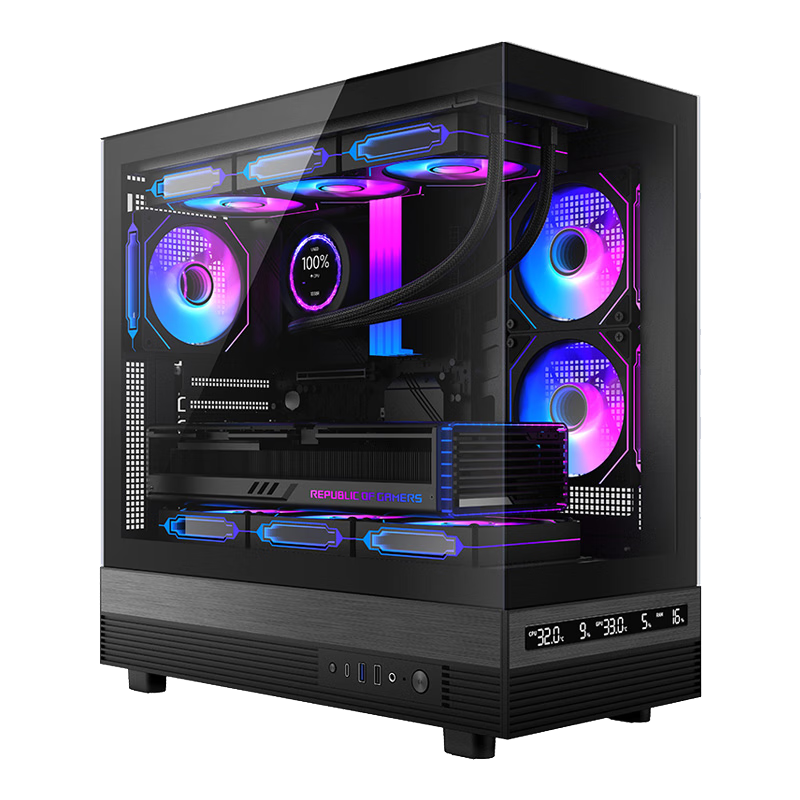 先馬（SAMA）驚鴻屏顯版 黑色ATX海景房游戲電腦臺式機箱 硬件狀態(tài)顯示/270°全景/支持360水冷/9風扇位/Type-C