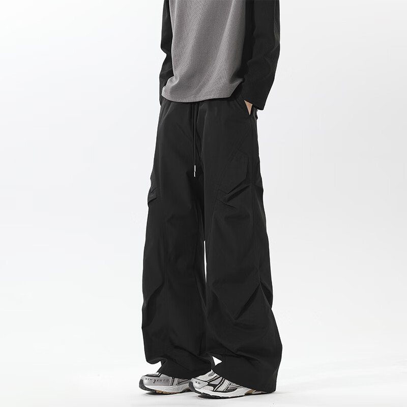 维路雅美式机能冲锋冲锋裤男女同款宽松直筒阔腿裤休闲工装长裤子 黑色 XL