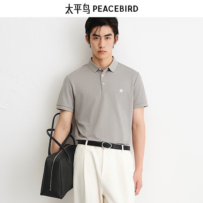 太平鸟男装 polo衫男夏季桑蚕丝刺绣翻领短袖t恤男 卡其1（修身） S
