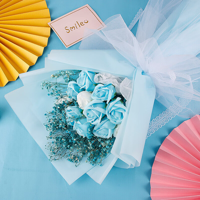 盛世泰堡永生花藍(lán)白玫瑰花束新年禮物生日手捧花滿天星干花束送女友