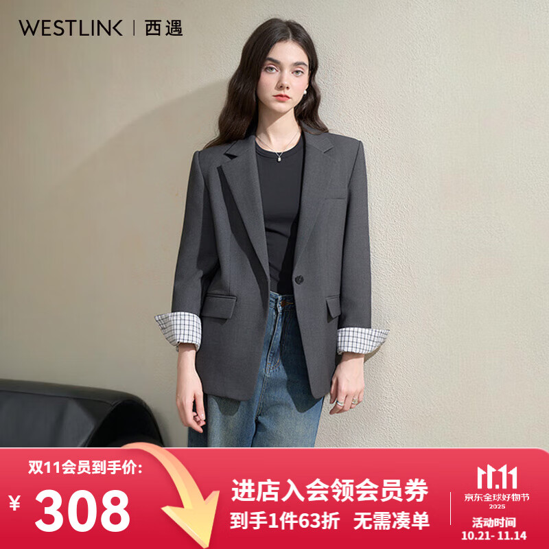 西遇气质通勤格纹袖口翻领垫肩西装外套女2025秋季百搭休闲西服 灰色 S (155)