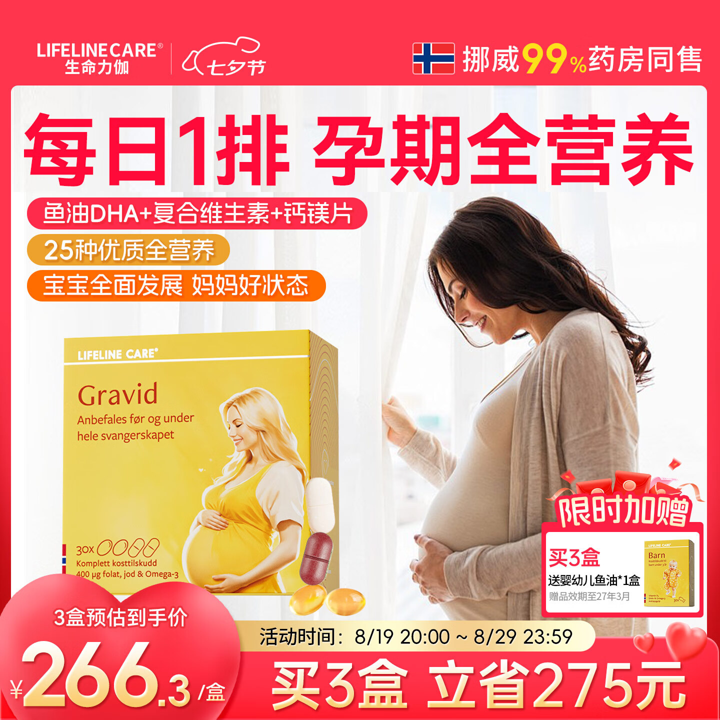 Lifeline Care生命力伽挪威dha孕妇鱼油孕期复合维生素叶酸片多种b6族b12铁钙片 孕期综合营养素 京东折扣/优惠券