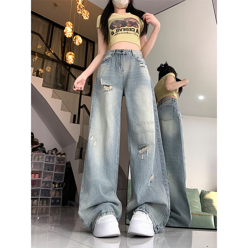 森马（Semir）美式复古破洞牛仔裤女2025春秋季小个子直筒宽松显瘦大码阔腿长裤 浅蓝色 M 【建议99-108斤】