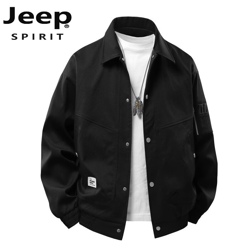 JEEP SPIRIT吉普大码夹克男春秋季新款翻领休闲百搭工装外套胖子宽松加肥加大 黑色 L