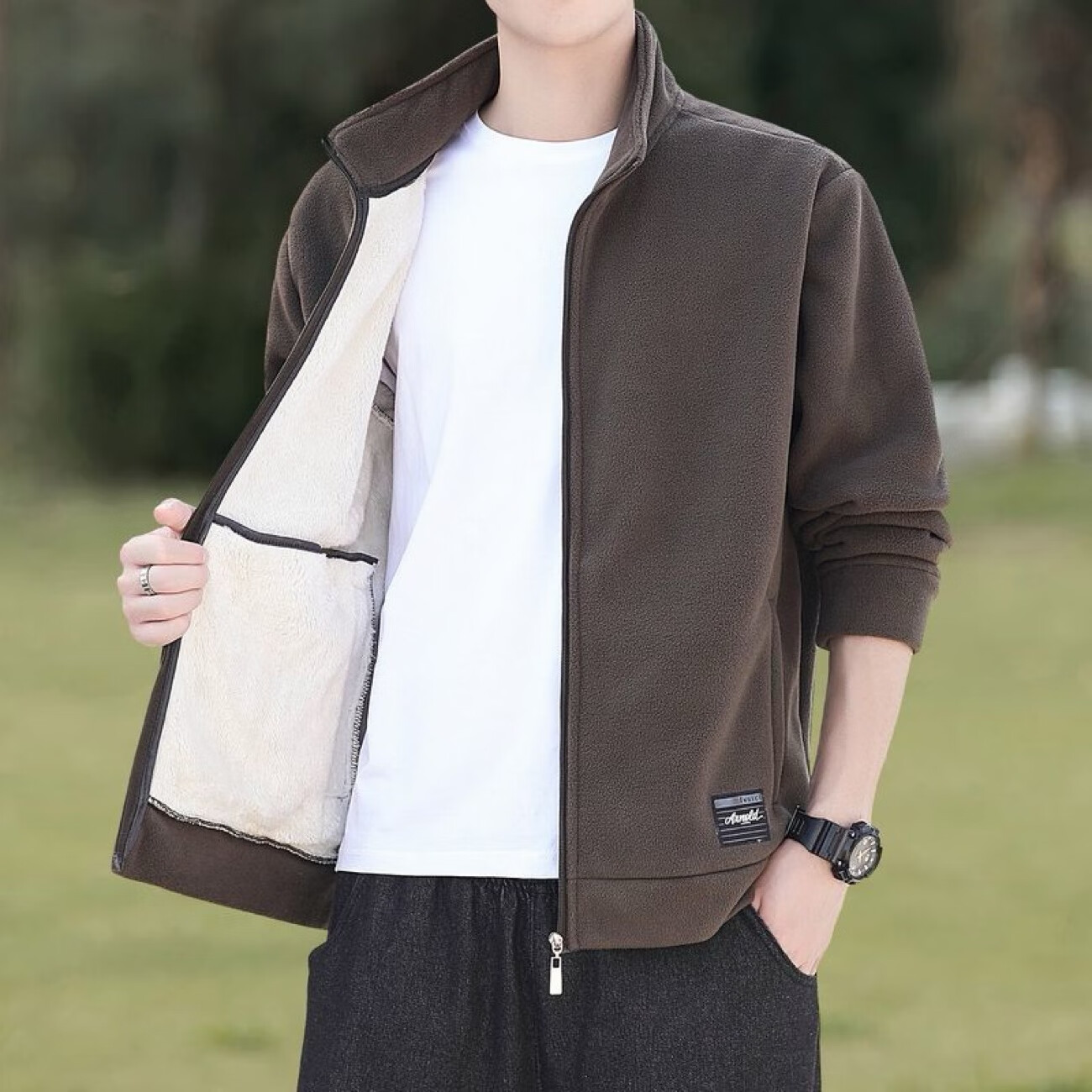 罗鸣老人 男士加绒摇粒绒外套秋冬季休闲百搭立领夹克加厚开衫卫衣男款 咖色加绒款 L （建议120-140斤）