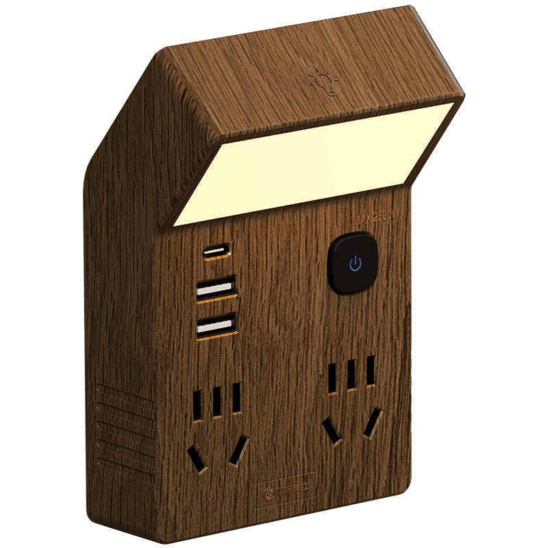 国际电工86型拓展插座带夜灯一转四床头书桌多功能扩展插座直插式转换插头 复古一转六带灯扩展插座