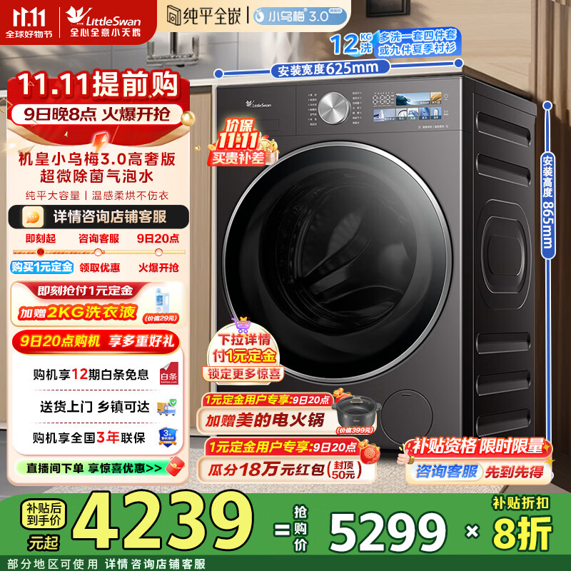 小天鹅（LittleSwan）滚筒洗衣机全自动家用 洗烘一体12公斤大容量  纯平全嵌超微除菌气泡水 一级能效 TD12VE40PRO【小乌梅3.0高奢版】