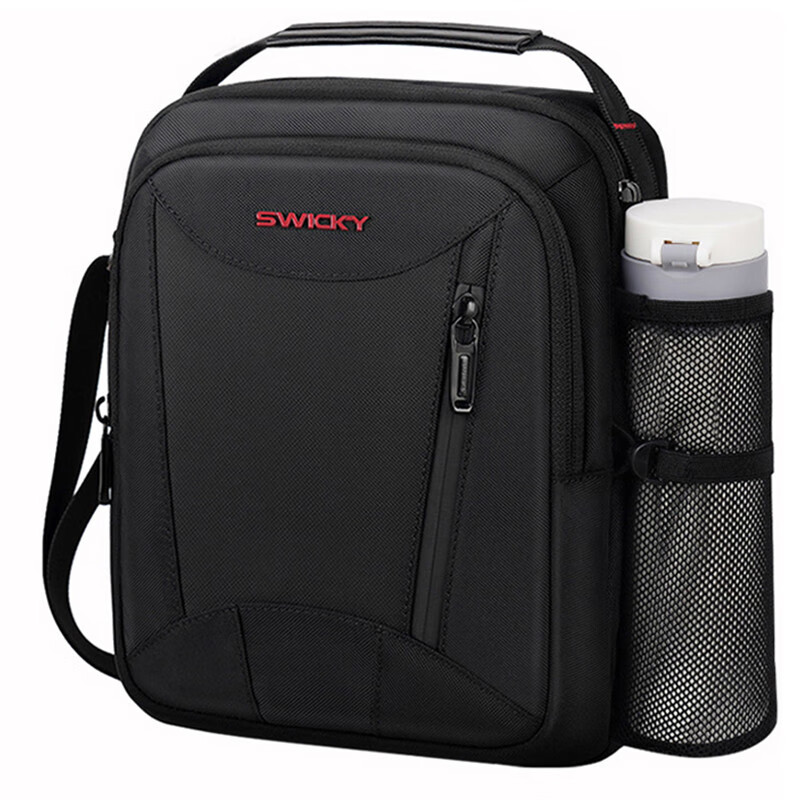SWICKY瑞士单肩包休闲多功能小背包斜挎包牛津布男士包包帆布男包 黑色(网兜款)