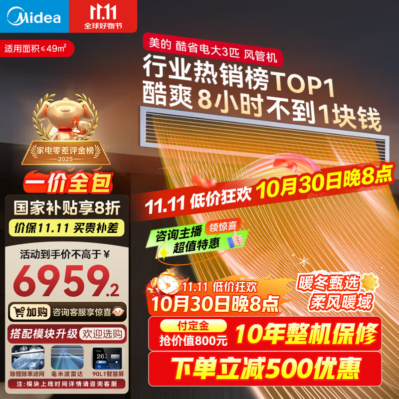 美的（Midea）大3匹 酷省电 超一级能效中央空调风管机一拖一热销TOP1 KFR-75T2W/B3-KS(1)国家补贴