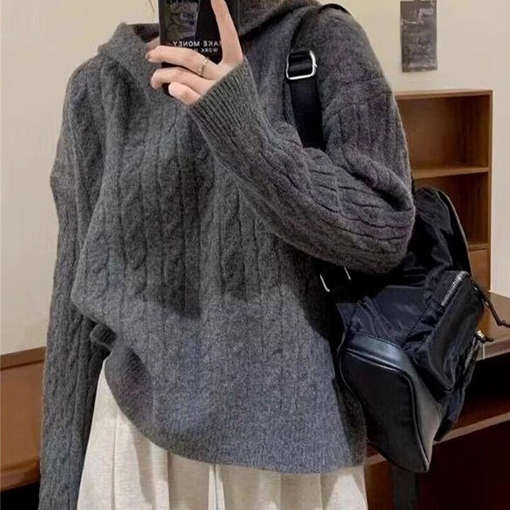 俞兆林连帽毛衣女秋冬2025新款小个子内搭打底针织衫慵懒风宽松显瘦上衣 深灰色 【抗起球不掉毛】 均码 【适合80-140斤】