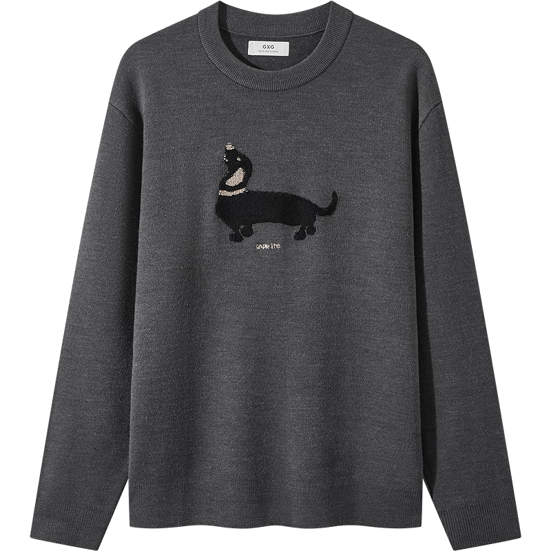 GXG男装 腊肠狗休闲毛衣图案可爱简约毛衫针织衫 2025年冬季新 灰色 M
