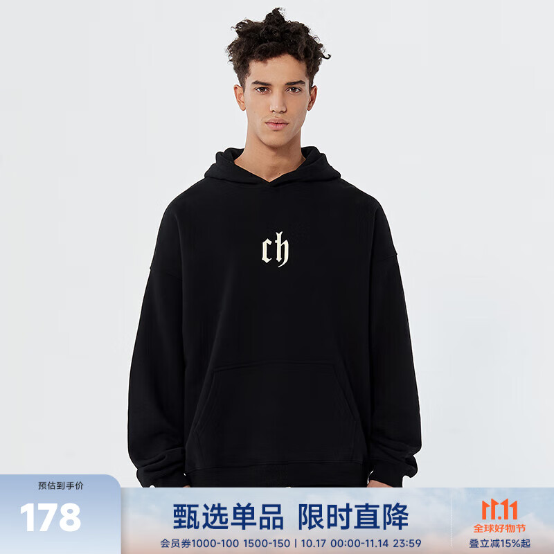 CHINISM CH重磅字母印花连帽卫衣男潮牌美式高街宽松上衣休闲帽衫 黑色 L （推荐 120-150斤）