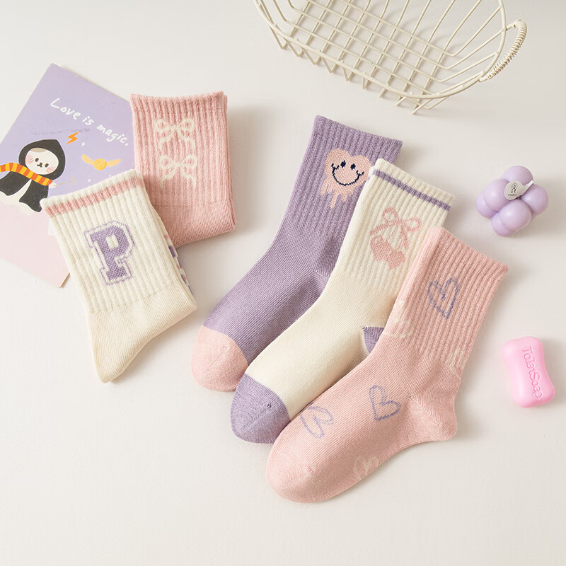 caramella儿童袜男童女童棉袜亲肤透气中筒袜休闲舒适小中大童袜子 女童字母款5色 5双 9-12岁 (XL)