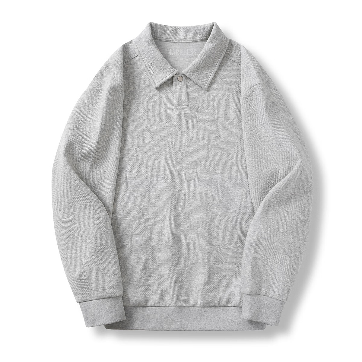 MARKLESS提花面料Polo领卫衣男士一粒扣套头休闲宽松翻领上衣5404 花灰色 XL