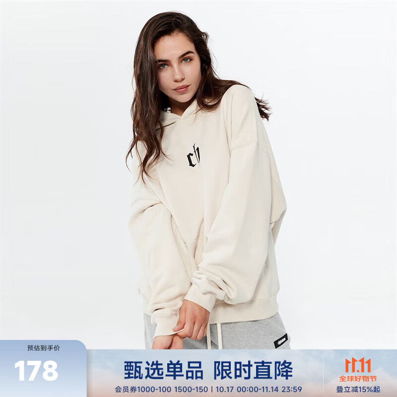 CHINISMCH字母印花连帽卫衣男潮牌美式宽松上衣重磅情侣帽衫 卡其色 L