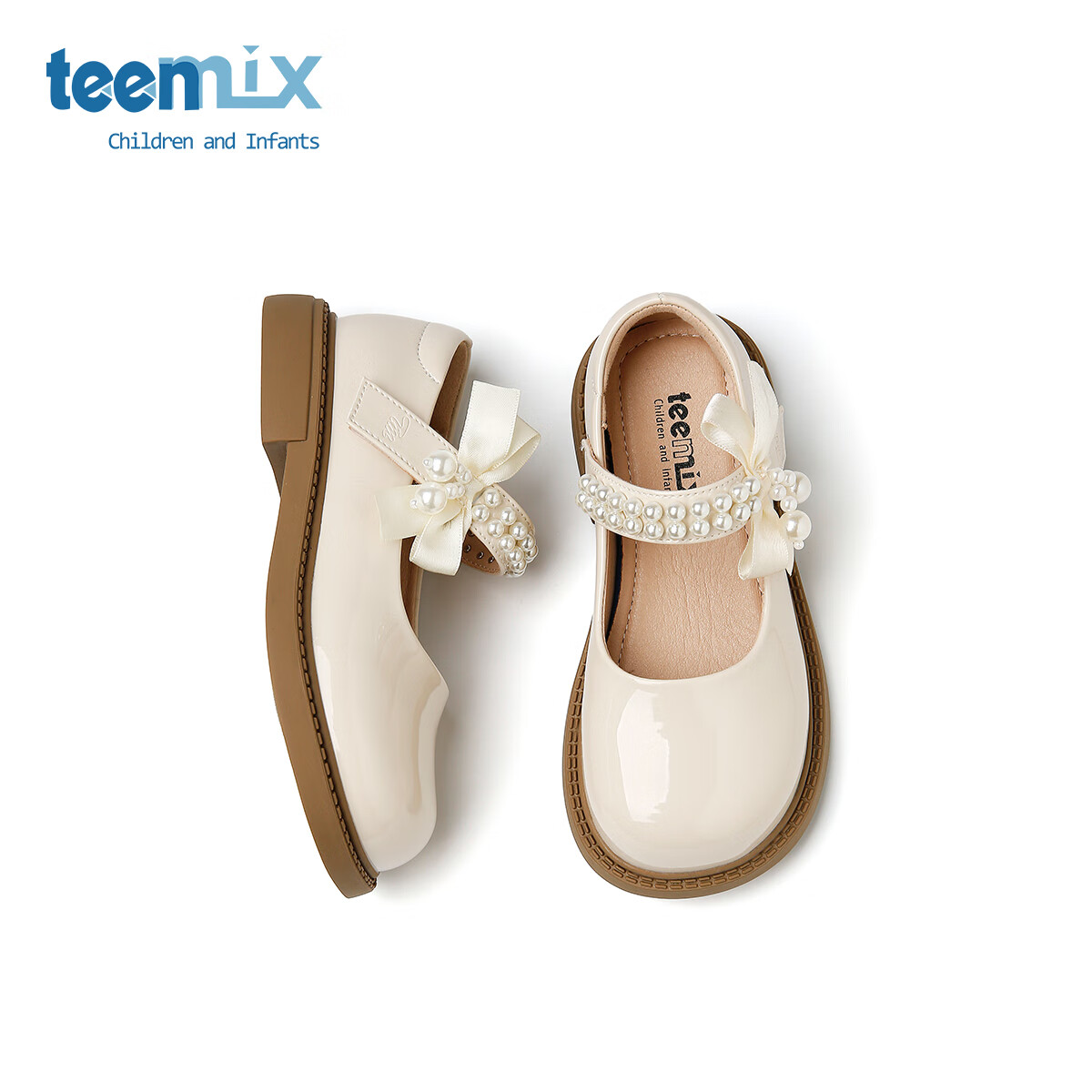 天美意天美意儿童2025秋季新款女童中大童软底皮鞋女孩时尚百搭公主单鞋 米色 30