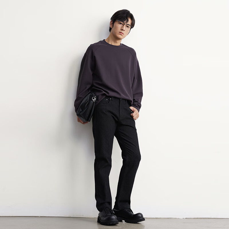 MARKLESS长袖T恤男圆领打底衫纯色分割线上衣服内搭5605 紫色 2XL