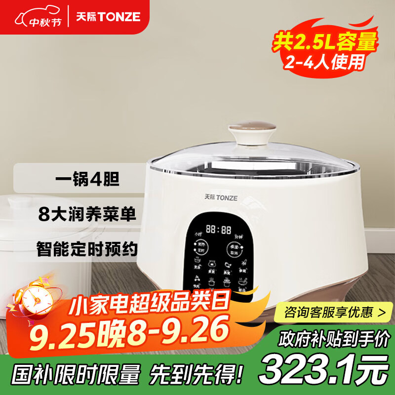 天际（TONZE）电炖锅 隔水炖锅 电炖盅 煲汤锅炖汤锅煮粥锅燕窝养生锅 不锈钢隔水炖盅 GSD-253GD 2.5L
