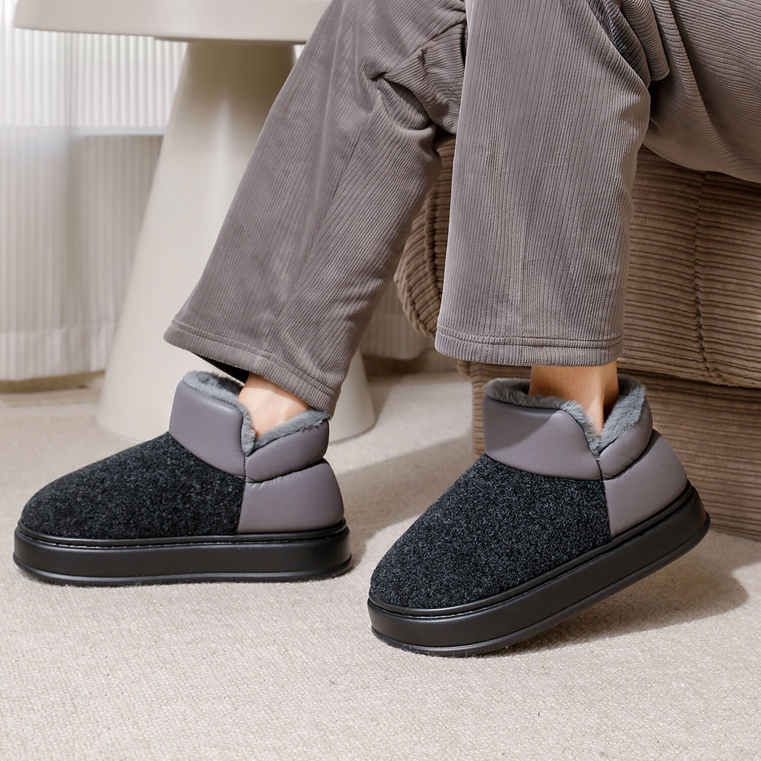 海澜之家（HLA）高帮保暖全包跟棉拖鞋男士秋冬季新款家居加厚毛绒保暖情侣棉鞋 烟灰色 44-45 【适合43-44码脚】