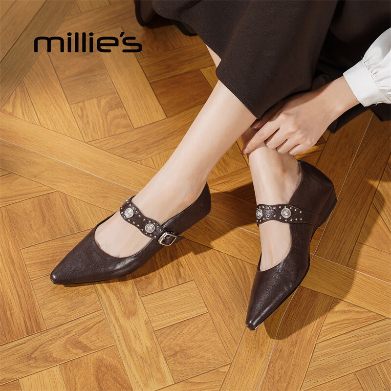 妙丽玛丽珍鞋女低跟真皮浅口时尚潮流气质2025冬季新款百搭小皮鞋 棕色 36 (230mm) 标准码