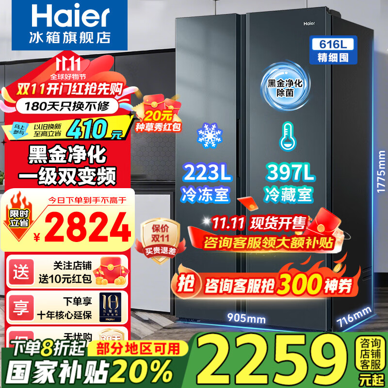 海尔（Haier）新品冰箱616升对开双开门两门风冷无霜双变频一级节能省电大容量家用电冰箱国补20%政府补贴 616升+一级双变频+黑金净化+风冷无霜