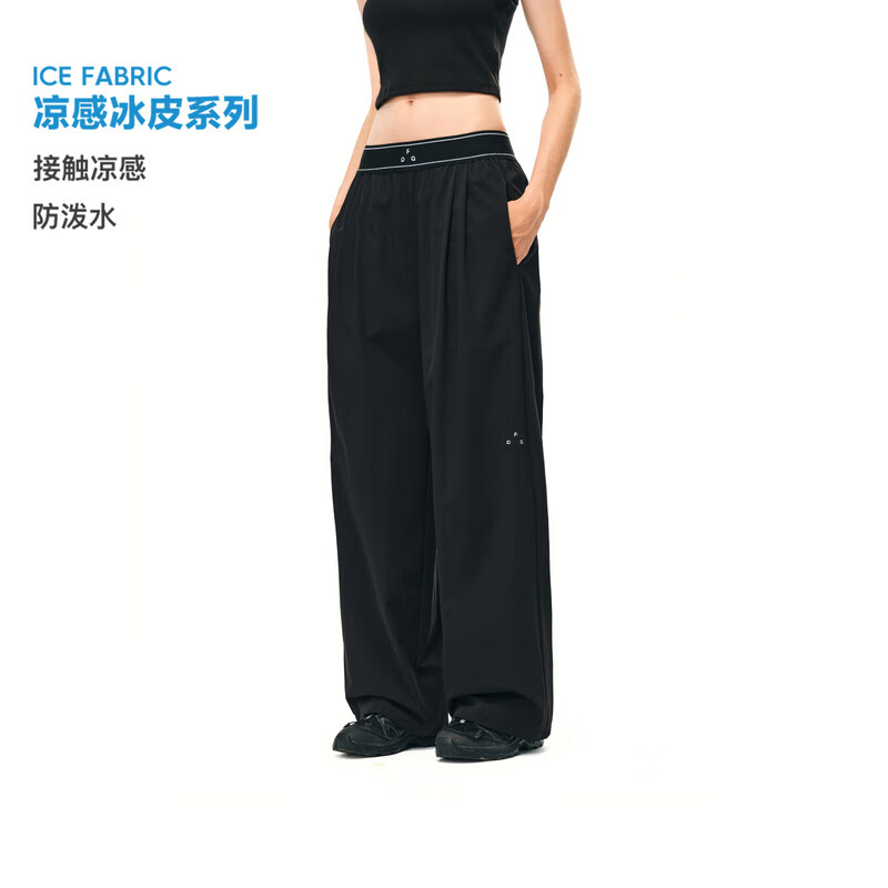 FPA高腰弹力logo织带速干长裤子女 潮流夏季百搭宽松直筒运动休闲裤 黑色 M